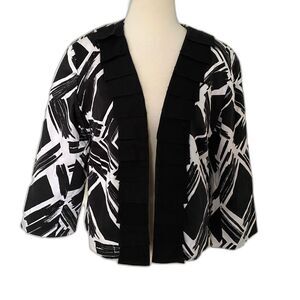 Ivy Chic Black White Cotton 3/4 Sleeve Lined Office Siren Blazer Jacket Sz L